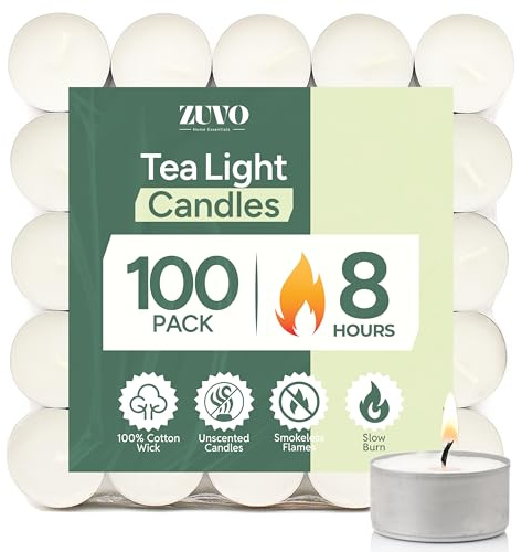 Zuvo Tea Lights Candles 8 Hour Burn (100 Pack) - Unscented White Tealight Candles, Long Burning Smokeless Tea Lights for Weddings, Home, Shabbat, Emergency - European Made, Lead-Free Cotton Wick