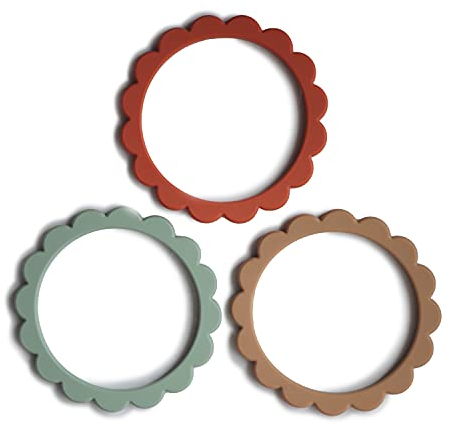 Mushie Blumen Beißringarmbänder | Zahnungshilfe für Kinder | 3er-Pack | Sichere & Hochwertige für Baby, Kleinkinder Kinder Jungs & Mädchen | Cambridge Blue/Clementine/Natural
