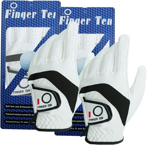 FINGER TEN Golf Gloves Men Left Right Hand 2 Pack | Breathable Flexible Fit, All Weather Grip Control, Durable Long Lasting, Sizes S M ML L XL