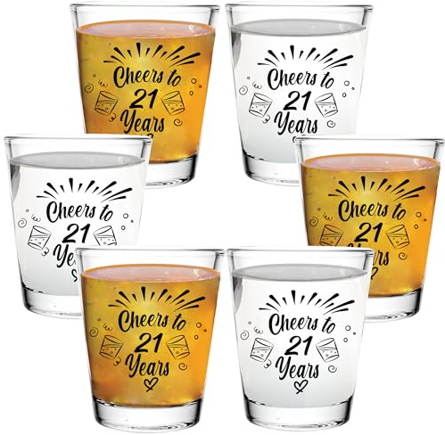 Bisyata 21st Birthday Shot Glass Gift Set for Women and Men - 21 Birthday Party Decorations for Her or Him - Cheers to 21 Years CLEAR Shot Glasses - 2oz Set of 6 - With Gift Box