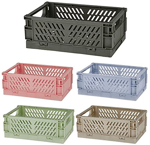 Cepewa Klappboxen 5er Set │ Kunststoff 10x6x15cm schwarz grau blau rosa grün │ Boxen Kiste Trageboxen Klappkiste (1 x 5er Set Klappboxen S)