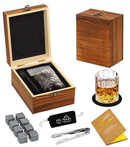 Whiskey-Steine und Glas-Geschenkset für Herren, KAQ 8 natürliche Whisky-Steine, 1 Kristall-Whiskyglas mit 1 Segenskarte in einer Vintage-Holzbox, Geschenk für Ihn/Papa/Ehemann/Männer