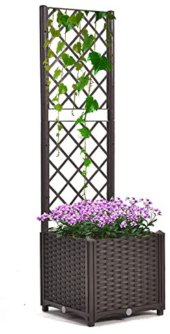 Mingone Pflanzgefäss mit Rankgitter Hochbeet Blumenkasten mit 1 Pflanzgefäß Wasserspeicher Balkonkasten Rattan Optik für Garten Terrasse 40x40x136cm，Braun