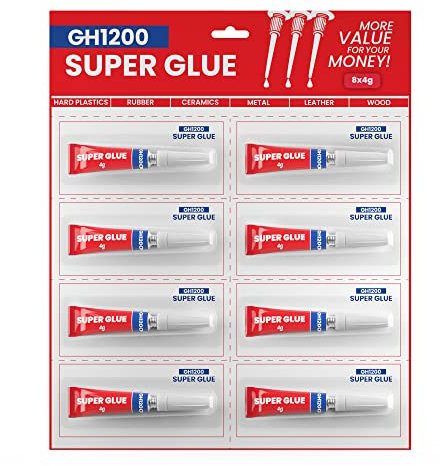 GH1200 Strong Super Glue 4g x 8 with Anticlog Cap. Super Fast, Thick & Strong Adhesive Cyanoacrylate Glue for Plastics, DIY Craft, Ceramics, Leather, Metal and Many More