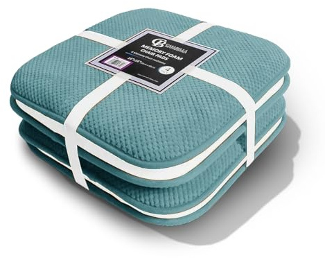 Casabella Memory Foam Chair Cushion Non Slip Back, Round Square Honeycomb Pattern Set of 4 Chair Pads, Durable Seat Cushions for Dinning Chairs, Office Desk & Patio-16x16 Teal Memory Foam Seat Cushion