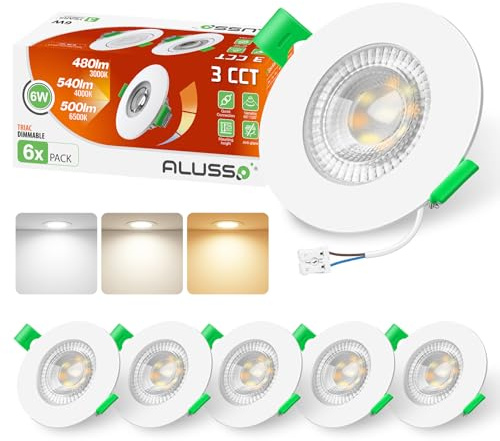 ALUSSO 3CCT LED Einbaustrahler 230V Dimmbar 6W IP44, Loch 68-75MM, 6er Set | Spots Deckenleuchte 3000K 4000K 6500K Wählbar, Deckenspots mit Abnehmbar Modul Einbauspots LED für Badezimmer Küche Weiss