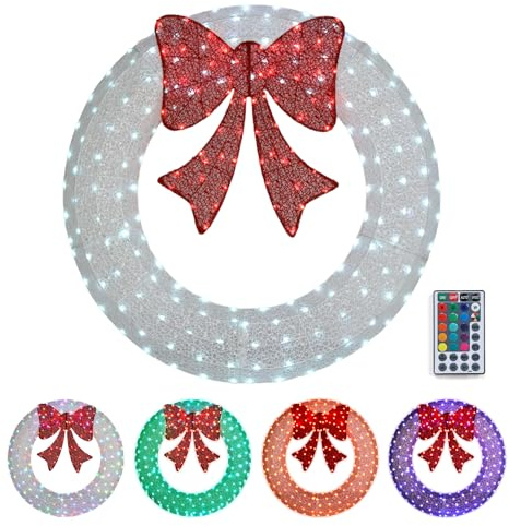 VINGLI 48 Inch Pre-lit Large Christmas Wreath with 224 LED Multi-Color Lights, Christmas Door Wreath for Garage, Outdoor Christmas Wreath with Red Bow, Timer Remote Control, Plug-in, White
