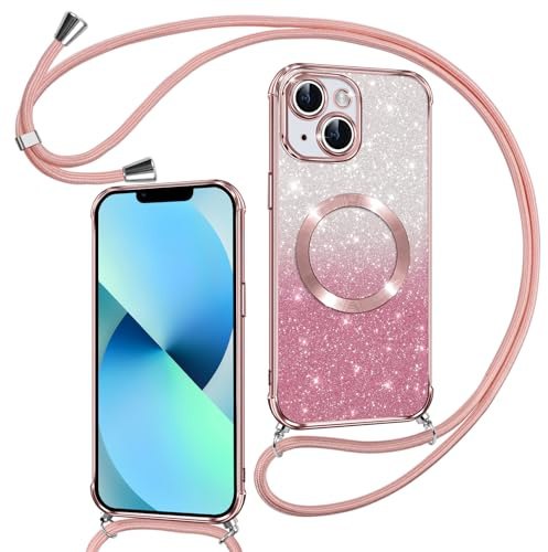 Phoona Hülle für iPhone 13 mit Band, Rosa | [Kompatibel mit MagSafe] Luxuriöse Glitzer Beschichtung Magnetische Handyhülle zum Umhängen Kordel Silikon Stoßfest