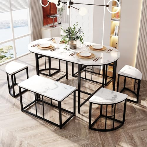 Kayan Esszimmergruppe mit Esstisch und 6 Essstühlen (4 kleinen Hockers und 2 großen Hockers), Essgruppe für 6 Personen, Esstisch Set für Wohnzimmer Küche, 140 * 70 * 76cm (Schwarz 1)