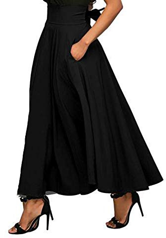 Damen High Waist Maxirock Taschen mit Seitenschlitz Langer A-Linie Rock