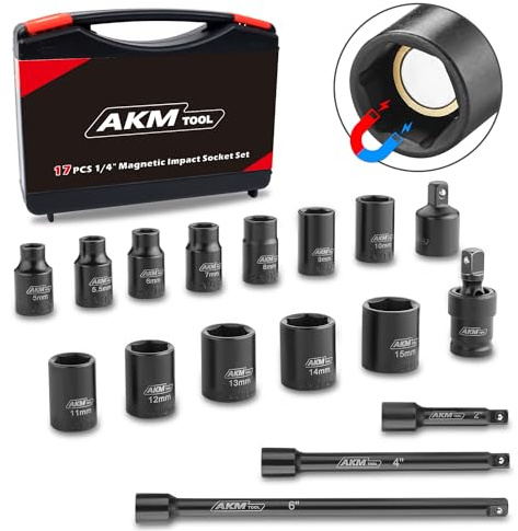 AKM TOOL 1/4-Zoll-Antrieb Magnetischer Schlag-Steckschlüsselsatz, 17-teilig, metrisch, 5 mm-15 mm, 6-kant, Cr-Mo, Vierkantantrieb, Magnet-Stecknuss mit Schlag-Stecknuss-Adapter, Kardangelenk &