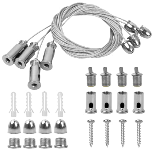 4 Piezas Kit de Cables Para Colgar, 1,5mmx2m, Cuerda de Alambre de Acero Inoxidable Suspensión Panel Led, Cable Colgar Fotos Ajustable para Panel Led, Colgar Cuadros, Cartelera(2M)