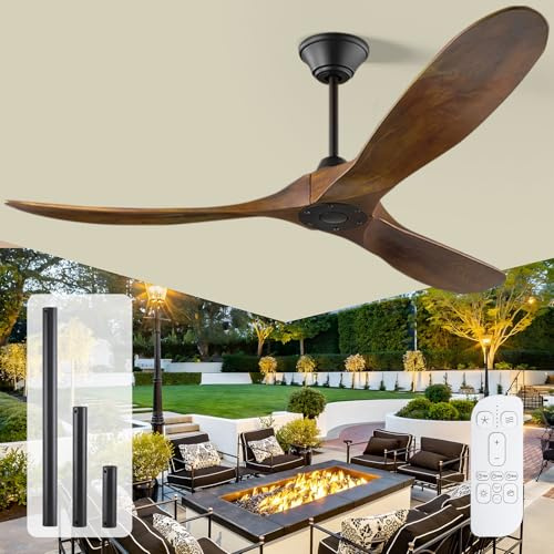 OUENGK 178cm großer Holz-Deckenventilator ohne Licht mit Fernbedienung, rustikale Bauernhaus-Deckenventilatoren für Terrassen wasserdicht, 3-Blatt großer Luftstrom-Deckenventilator