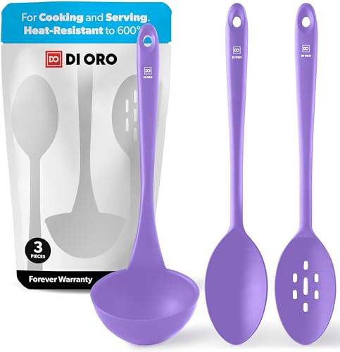 DI ORO - Cucharón y cucharas de silicona para cocinar, cucharas de cocina grandes para mezclar, servir y revolver, cucharón de sopa con tazón ancho, utensilios de cocina de silicona de alta