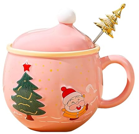 Christmas Mug, Christmas Coffee Mug with Christmas Tree Spoon, Christmas Cups Ceramic Coffee Mugs 350ML, Festival Cute Xmas Mugs Ceramic Tea Cups Gift for Parents, Sweetie and Friends (Pink)