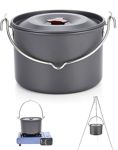 QmjdDymx Camping Cookware, 4l Camping Hanging Pot, Titanium Pot With Lid, Camping Pan, Round Portable Camping Cooking Pot Cooking Equipment For Outdoor Hiking Picnic