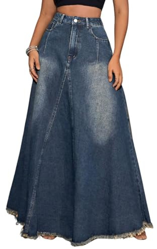 XQR Women's Vintage Full Length Denim Skirts High Waisted Frayed Raw Hem Flared A Line Maxi Long Jean Skirts (Large, DarkBlue)