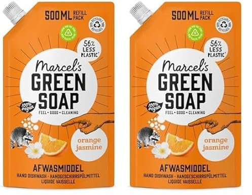 Marcel's Green Soap - Spülmittel Orange & Jasmin Nachfüllpackung - Geschirrspülmittel - 100% Umweltfreundlich - 100% Vegan - 97% Biologisch abbaubar - 500 ml (Packung mit 2)