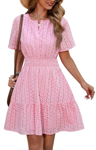Yuson Girl Robe Femme Ete Robe Boheme Chic et Elegant Robe Short Robes à Manches Courtes de Plage Décontracté Casual Robe Col V Taille Haute Mini Robe