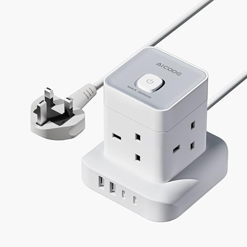 AICODE Cube Extension Lead with USB Slots,4 Way Multi Plug Extension Socket Tower with 2 USB C & 2 USB A Ports,Surge Protected Extension Lead with Switch,2M Extension Cable for Home Office Kitchen
