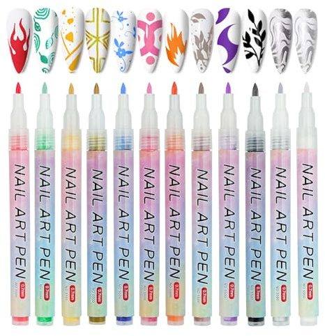 LOPHE 12 Color Nail Art Pens Set, Acrylic Paint Nail Art Markers, 3D Nail Art Graffiti Pens Set, 0.7MM Quick-Drying Nail Varnish Pens, Nail Art Kit for Home & Salon Nail DIY Party, A