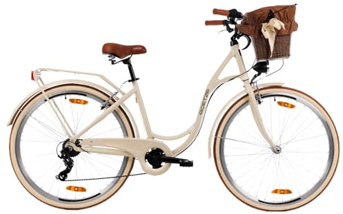 Goetze Mood Damen Citybike 28 Zoll | 18 Zoll Aluminiumrahmen | 7-Gang Kettenschaltung | V-Bremse | LED-Beleuchtung | Rattankorb | Gepäckträger | Tiefeinsteiger | Komfortsattel