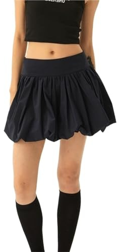 Gonna corta a palloncino svasata a vita bassa da donna e ragazza(Black,Medium)