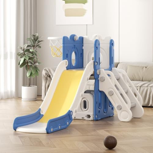 Rutsche mit Klettergerüst für Kinder: Indoor Spielplatz mit - Aufbewahrungsbox Tunnel Treppenleiter Basketballkorb und Durchgangsbereich Gartenrutsche (Tower-I-Yellow)