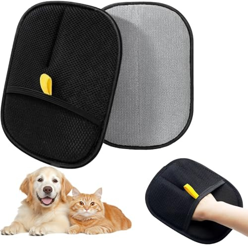 YUNYU Set di 2 guanti per la cura del pelo, delicato rimozione dei peli di gatto con doppio lato, guanti antistatici per cani e gatti, delicati sulla pelle (nero/grigio, cinturino giallo)