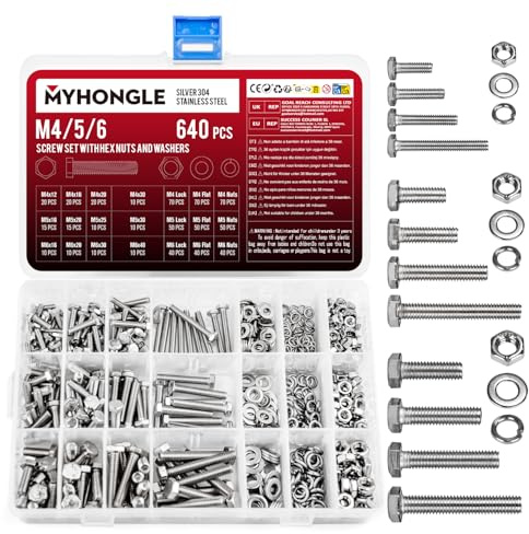 Lot de 640 vis à tête hexagonale et rondelles M4 M5 M6 - Vis de machine avec écrous et rondelles - Filetage complet pour réparation (640)