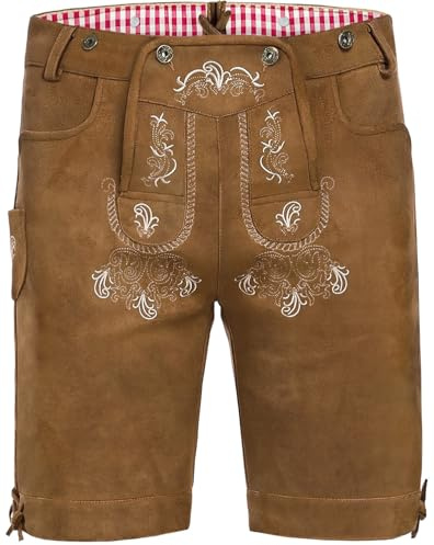 AMZHOTER Lederhose Herren Tracht Oktoberfest Trachtenhose Trachtenlederhosen Kurz Lederhosen Mann Braun bayrische Trachten Hose Trachtenmode mit Hosenträger Hellbraun 58