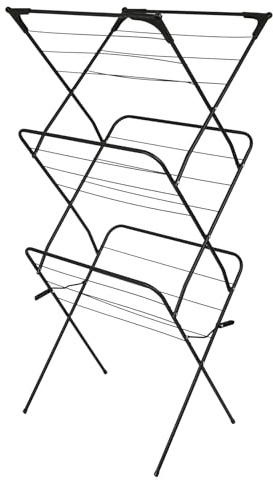 Harbour Housewares 3 Tier Foldable Clothes Airer - Black - 1x Indoor Outdoor Home Kitchen Balcony Compact Portable Folding Collapsible Laundry Clothing Washing Drying Dryer Hanger Rack