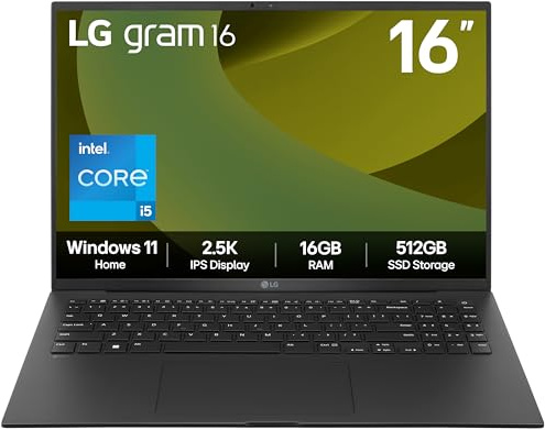 LG gram 16Z90RU - 16 Inch 2.5K IPS Ultra-Lightweight Laptop, Intel Core i5 1334U, 16GB RAM, 512GB SSD, Windows 11 Home, Black (2025)