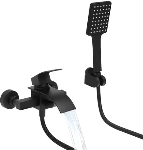 awolsrgiop Badewannenarmatur Schwarz mit Handbrause, Wasserfall Wannenarmatur aus Messing, 2 Ausgänge Mischbatterie mit 1,5m Schlauch, Wandmontage Armatur für Badezimmer, Duscharmatur Komplettset