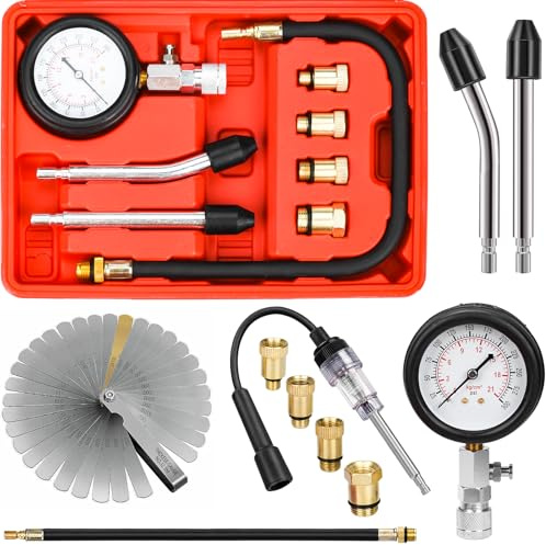 HATANSE Tester di Compressione, Manometri Compressione per Motori Benzina 0-20 Bar o 0-300 PSI con Tester per Candele Calibro a spessore e 4 Adattatori M10 M12 M14 M18 per Auto e Moto