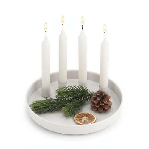 MACOSA CP676 Kerzenteller Weiß rund Metall 25 cm modern Elegantes Adventsgesteck 4 Kerzenhalter Tischdekoration Advent Weihnachtsdeko Metallkranz Adventskranz (Weiß)