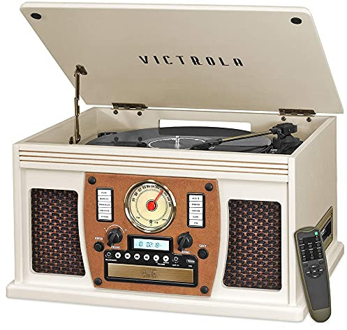 Victrola Navigator 8-in-1 Bluetooth Record Player with Built-in Speakers – 3 Speed Turntable, CD Player, Cassette, FM Radio, USB, RCA Out, Headphone Jack, Wireless Music Streaming, Real Wood (White)
