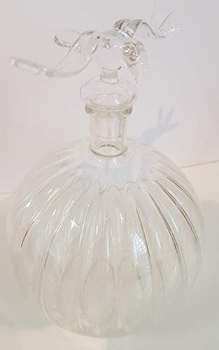 Jarra redonda de vidrio claro, botella, garaffa, matraz de cristal soplado a boca con ranulas optikas con un cierre de vidrio en forma de un pajaro, rellenable, altura aprox. 16 cm y capacidad 0,45 litro disenado y fabricado por Oberstdorfer Glashütte
