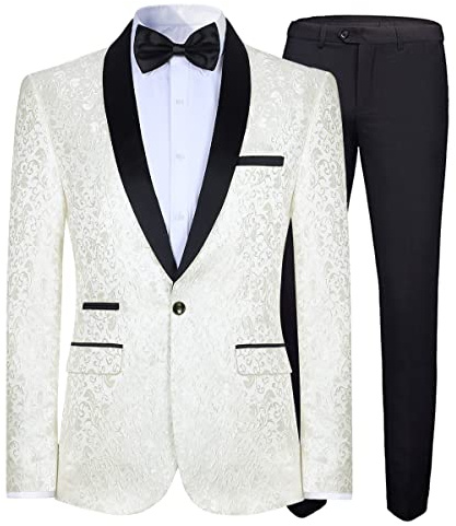 Mens 2 Piece Floral Jacquard Dress Suit Set 1 Button Print Dinner Jacket Pants Ivory