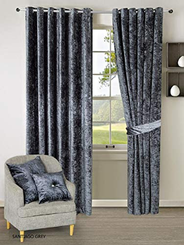 Householdfurnishing Heavy Crushed Velvet Curtains Pair Fully Lined Ring Top Eyelet With Free Tie Backs (Grey, W in 66 x L in 54 168cm x 137cm)