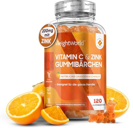 Vitamin C Zink Gummibärchen - Täglich 2 Vitamin C Gummies für 2 Monate - 200 mg Vit C mit 6 mg Zink - 120 Vegane Gummies - L- Ascorbinsäure & Zinkcitrat mit Natürlicher Orangengeschmack - WeightWorld