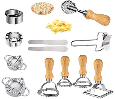 Lot de 16 emporte-pièces en acier inoxydable pour raviolis avec poignée en bois pour faire des cookies avec presse à raviolis et cuillère à farcir et roulette de découpe
