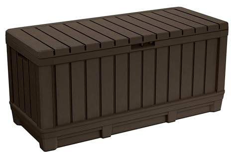 Keter Gartentruhe KENTWOOD 350L Braun – Wetterfeste Gartenbox in Holzoptik mit Sitzfunktion – UV-beständige Aufbewahrungsbox, abschließbar, für Innen- & Außenbereich