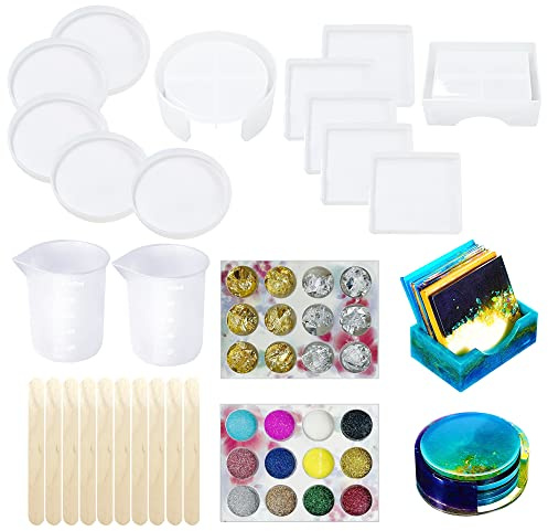 Allazone 12 Pz Molde para Posavasos de Resina con Soporte, Posavasos de Resina Epoxi Résine Ronda Cuadrado con Purpurina, Copos de Oro para Alfombrilla de Vaso para Manualidades