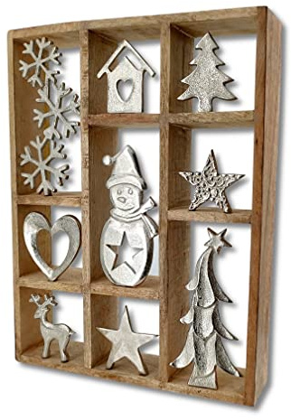 Mango-Holz und Metall Winter Deko braun Silber 31 x 40cm Weihnachten Dekofigur Wald Tisch Dekoration Wandbild