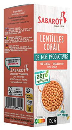 Sabarot - Lentilles corail zéro résidu de pesticides - Étui 450g