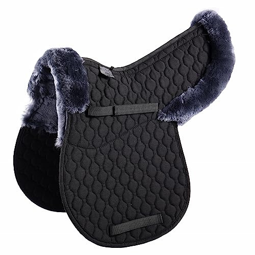 Merauno® Real Lamb wool Saddle Cushion Dressage and All-Purpose Cushion with Real Lamb wool and Quilted Cotton High Withers Spine Free (VSS Anthracite Lamb wool+Black Quilted Cotton)