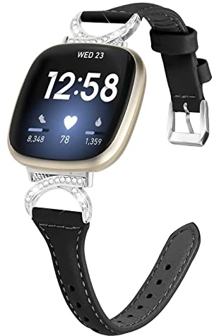 Gimuk Lederband Kompatibel mit Fitbit Versa 4/Sense 2 Armband, Frauen Mädchen Echtes Leder Sport Band Metall Bling Strass Ersatzband Wristband für Fitbit Versa 3/Sense, 5.5 - 8.1, Leder