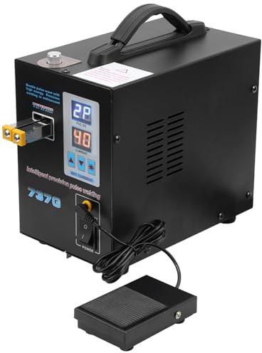 Marhynchus Soldadora de punto de pulso, dos modos de soldadura, iluminación LED, interruptor de pie, ajuste de presión de corriente de soldadura, aleación de aluminio, color negro (enchufe europeo 220