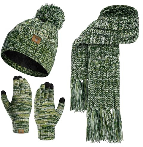 INSISMY Mütze Schal handschuhe Set Winter Weich Warm Pelzgefütterte Bommelmütze Langer Schal mit Quaste und Touchscreen Handschuhe Set 3-teiliges Melange Gestrickt Damen Unisex